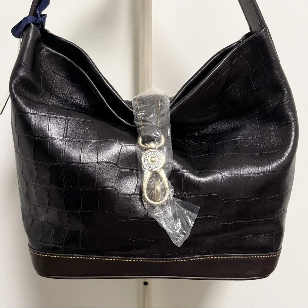 Dooney Bourke Black Brown Leather Croc Embossed Lobster Clasp Hobo Makeup Bag
